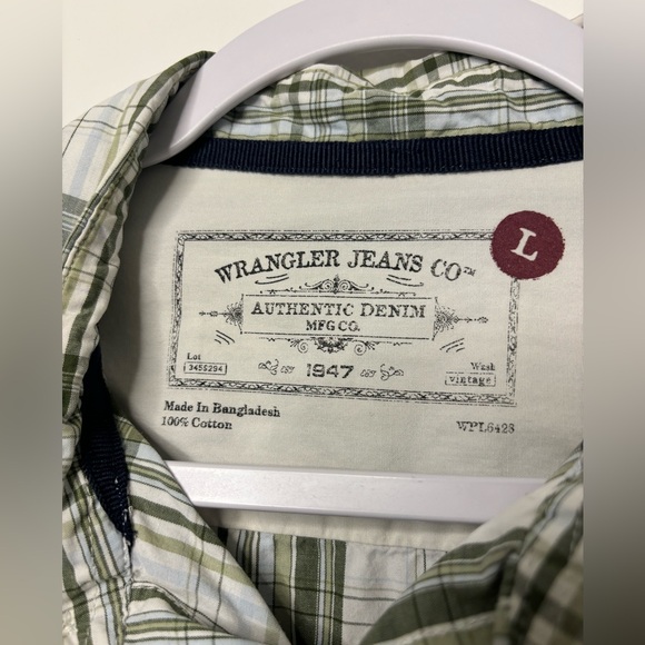 Mens Large Wrangler Jeans Co Authentic Denim Green Plaid Long Sleeve Button Down - Picture 3 of 5